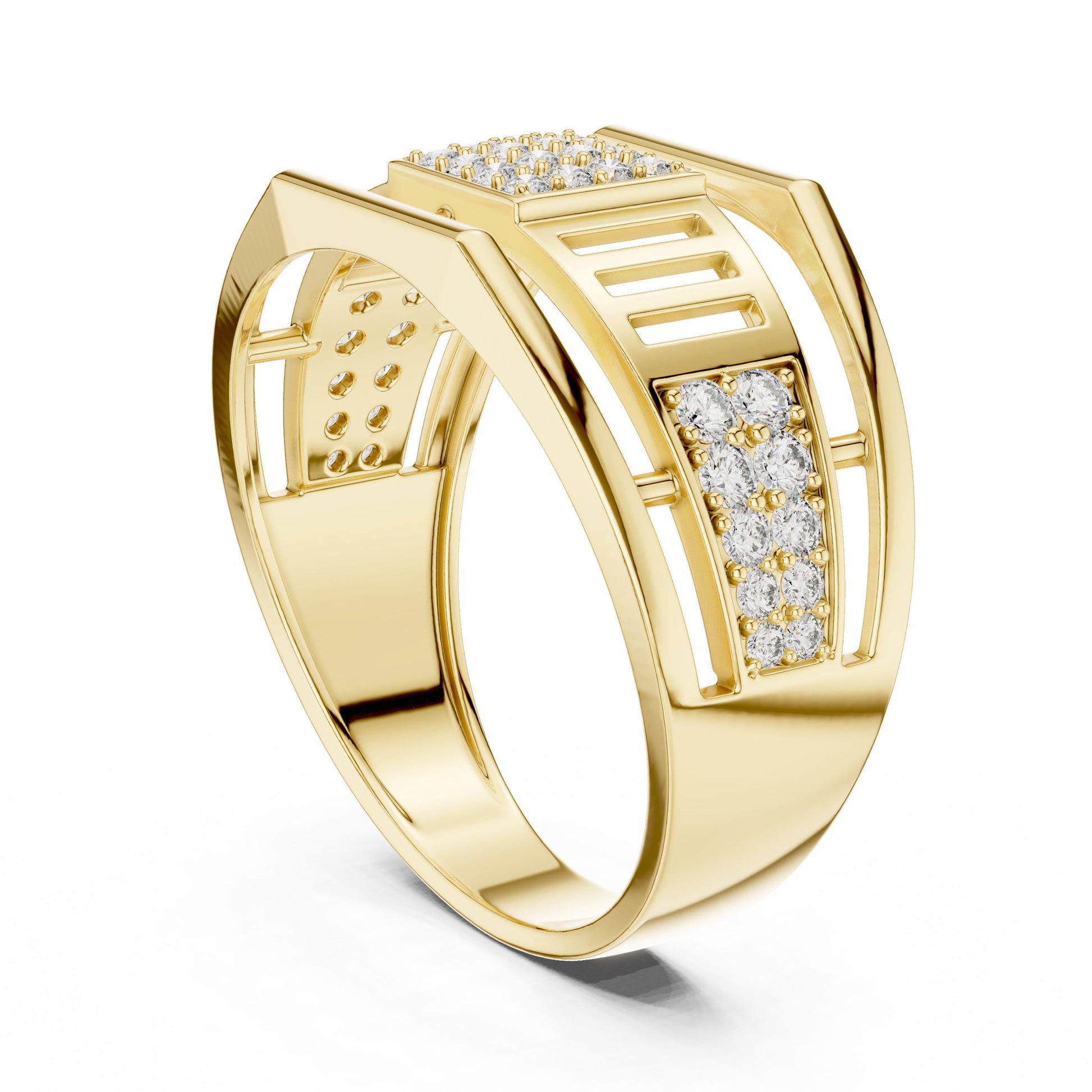 Men’s gold and silver CZ statement ring with wide band, hypoallergenic fashion jewelry by Riora, styled for special occasions.