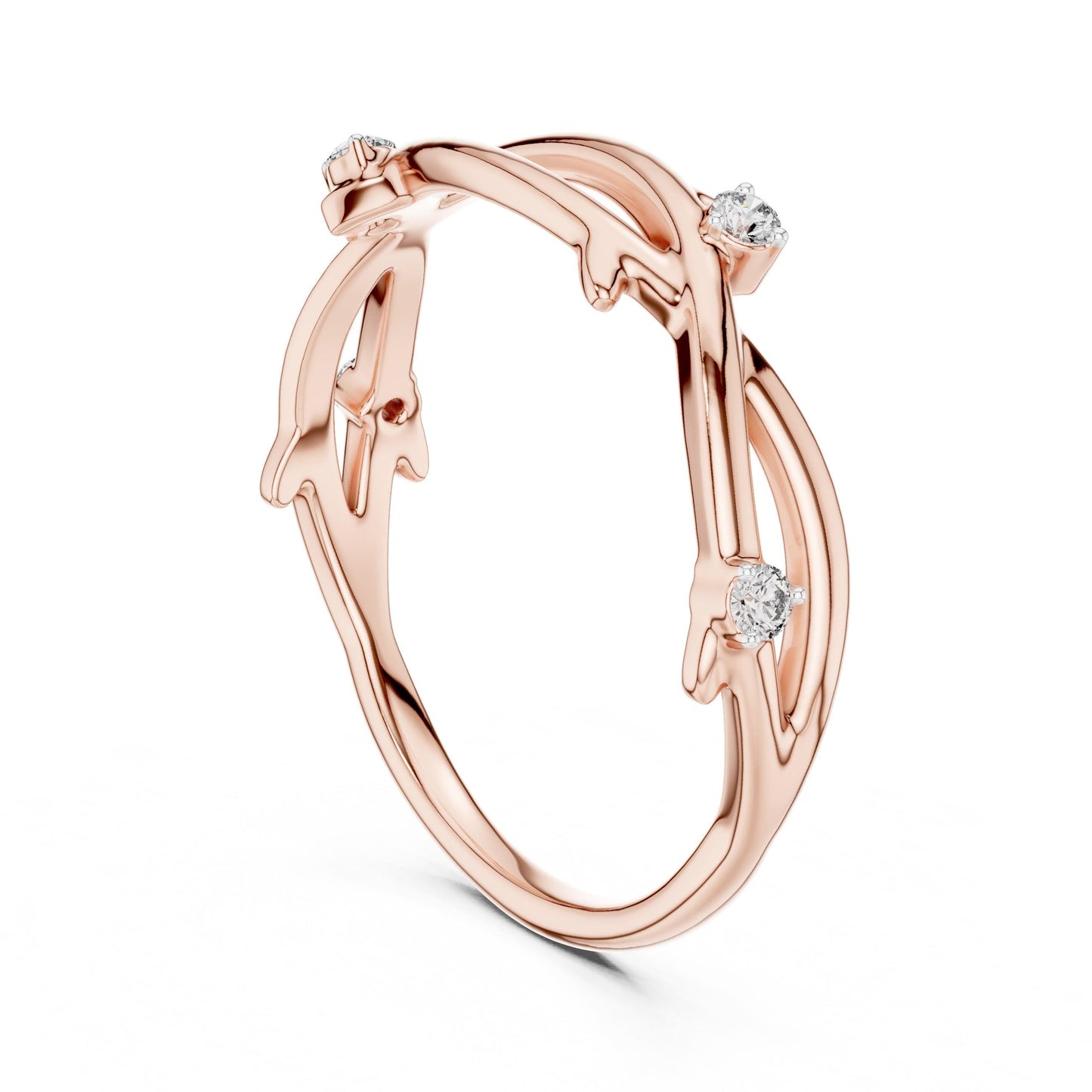 Rose gold moissanite branch ring with a nature-inspired twig design, minimalist style, and diamond-like sparkle from Riora.