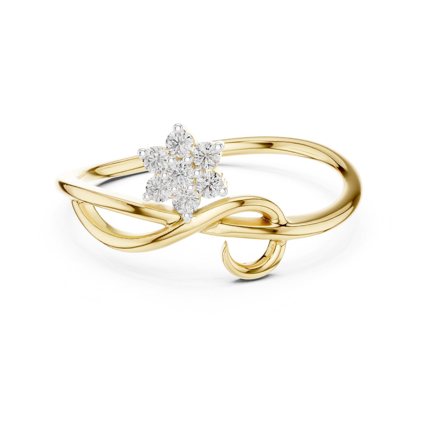 Riora Moissanite infinity flower ring with floral diamond cluster, delicate band in rose gold and silver, minimalist jewelry design