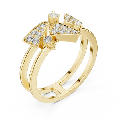 Riora geometric moissanite diamond statement ring in rose gold, modern bold designer jewelry for women, featuring geometric design details.