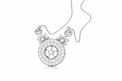 Riora Moissanite halo pendant necklace with floral design, rose gold circle charm, elegant bridal jewelry, intricate craftsmanship