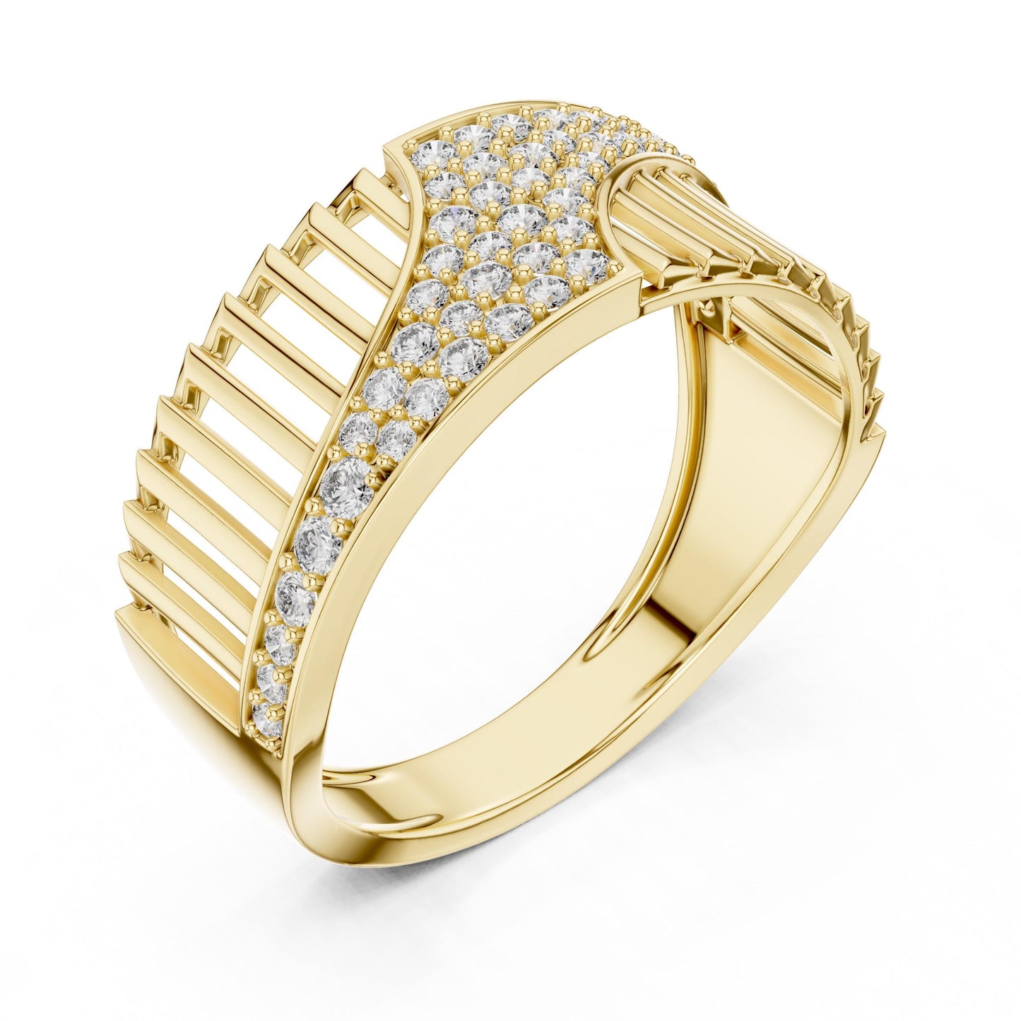 Riora curved CZ wide band ring in gold and silver, modern wedding and promise jewelry with statement design.