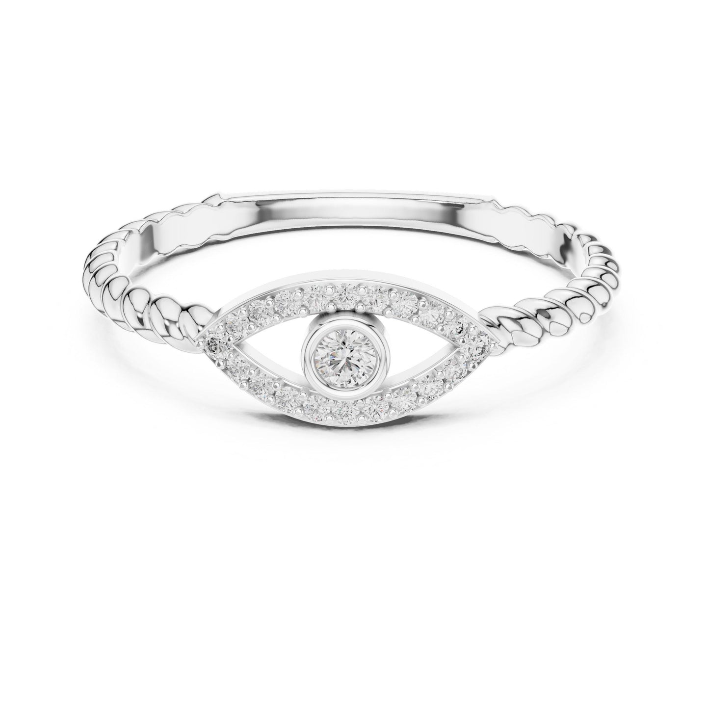 Rose gold evil eye moissanite ring with dainty diamond accents, minimalist stacking eye jewelry by Riora.