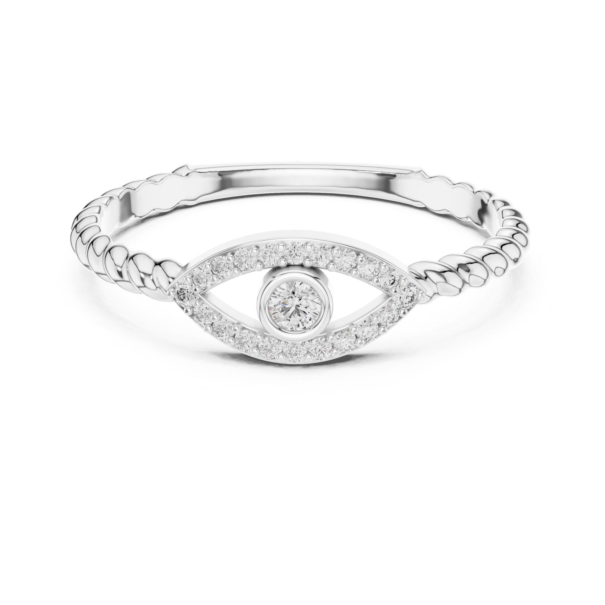 Rose gold evil eye moissanite ring with dainty diamond accents, minimalist stacking eye jewelry by Riora.