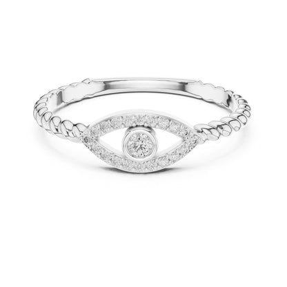 Rose gold evil eye moissanite ring with dainty diamond accents, minimalist stacking eye jewelry by Riora.