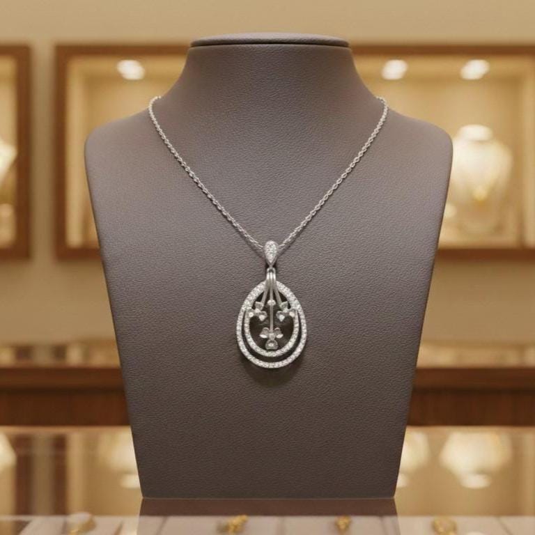 Moissanite Teardrop Pendant Necklace, Floral Diamond Look Charm in Gold Rose Gold Silver Gift