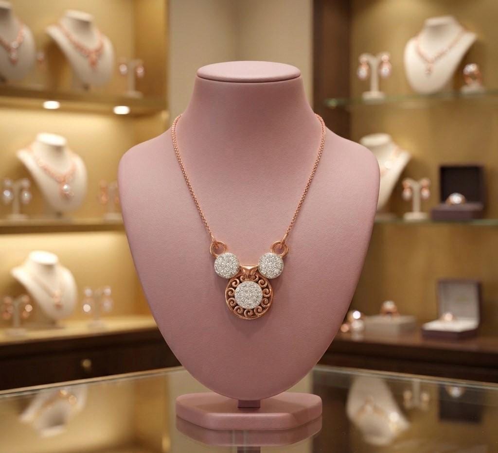 Riora moissanite circle pendant featuring Mickey Mouse design in rose gold, dainty luxury jewelry for women.