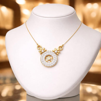 Riora Moissanite halo pendant necklace with floral design, rose gold circle charm, elegant bridal jewelry, detailed close-up image