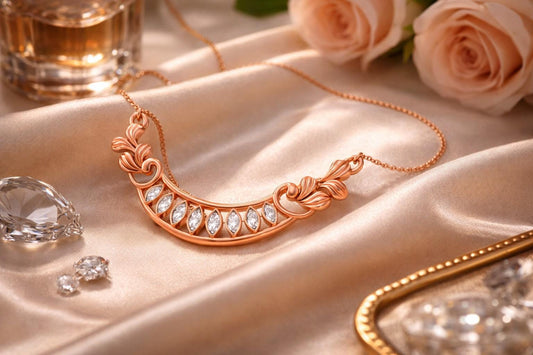 Riora Moissanite crescent necklace in gold, rose gold, and silver with elegant bridal jewelry design for weddings or special occasions.