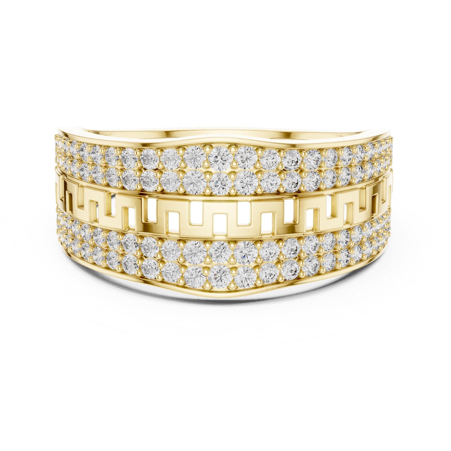 Riora wide CZ Greek band ring in gold and silver with sparkling cubic zirconia, stylish statement jewelry for women.