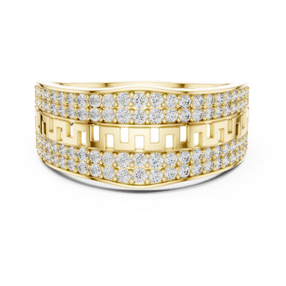 Riora wide CZ Greek band ring in gold and silver with sparkling cubic zirconia, stylish statement jewelry for women.