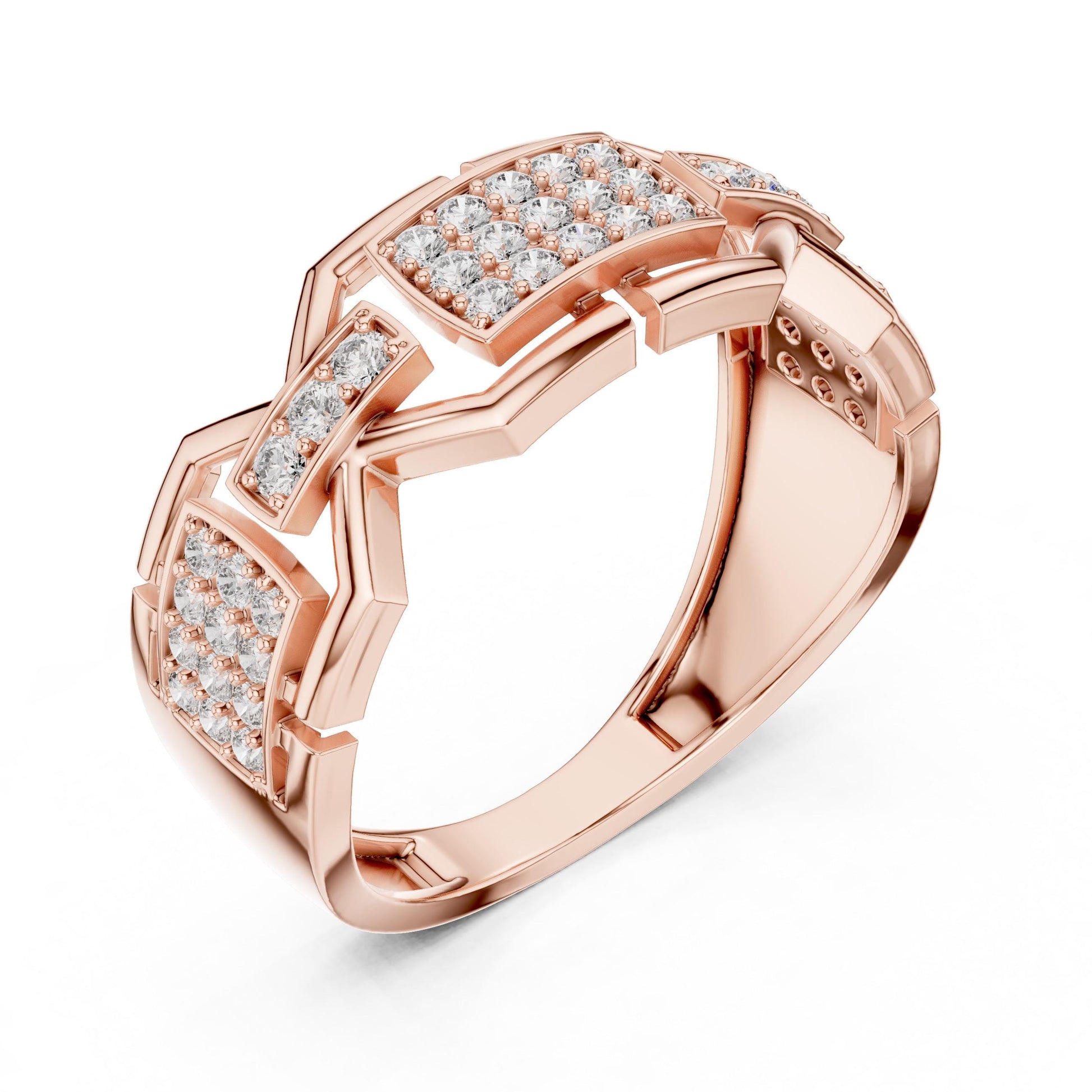 Riora luxury moissanite diamond ring with a rose gold chunky band, perfect for weddings or statement jewelry.