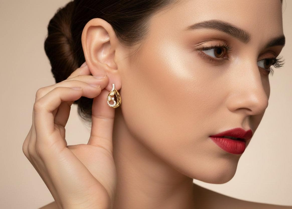 Rose gold, silver, and gold moissanite teardrop stud earrings by Riora, featuring non-allergic, nickel-free bridal jewelry for women.