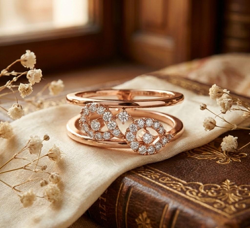 Riora Infinity Halo Moissanite diamond ring in gold and rose gold, dainty bridal engagement promise band with sparkling stones.