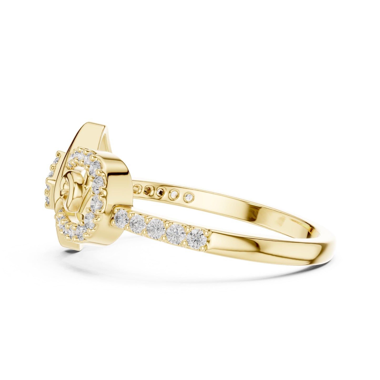 Rose gold geometric swirl moissanite diamond ring by Riora, showcasing a minimalist and modern design for engagement or promise jewelry.