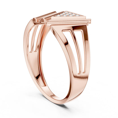 Rose gold geometric triangle moissanite diamond ring by Riora, minimalist modern design, ideal as a women's promise gift.