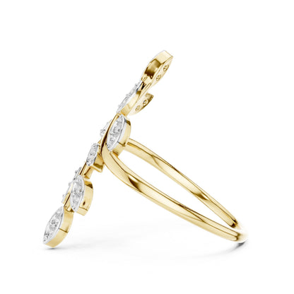 Rose gold Moissanite leaf branch ring with vine design, botanical jewelry featuring nature-inspired floral and leaf details.