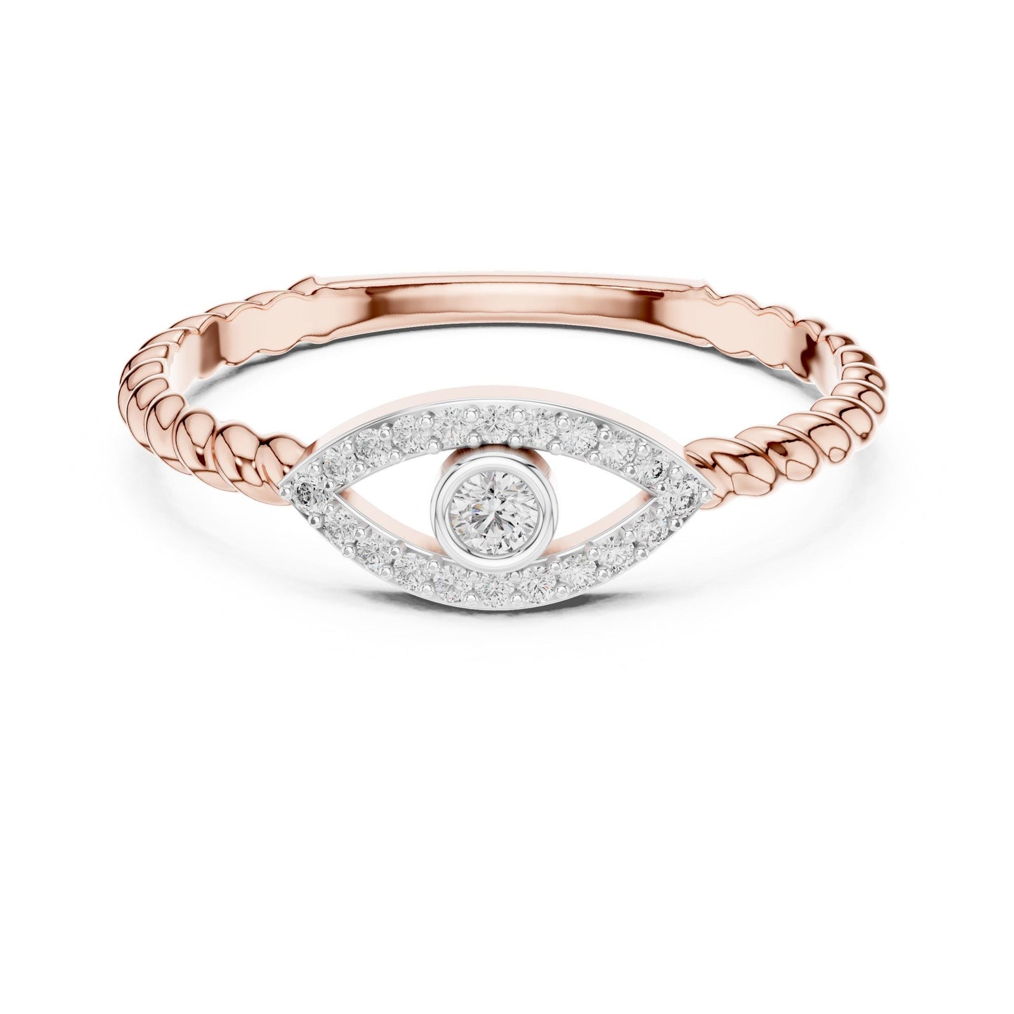 Rose gold evil eye moissanite ring with dainty diamond band, minimalist stacking jewelry by Riora, featuring eye-shaped design.