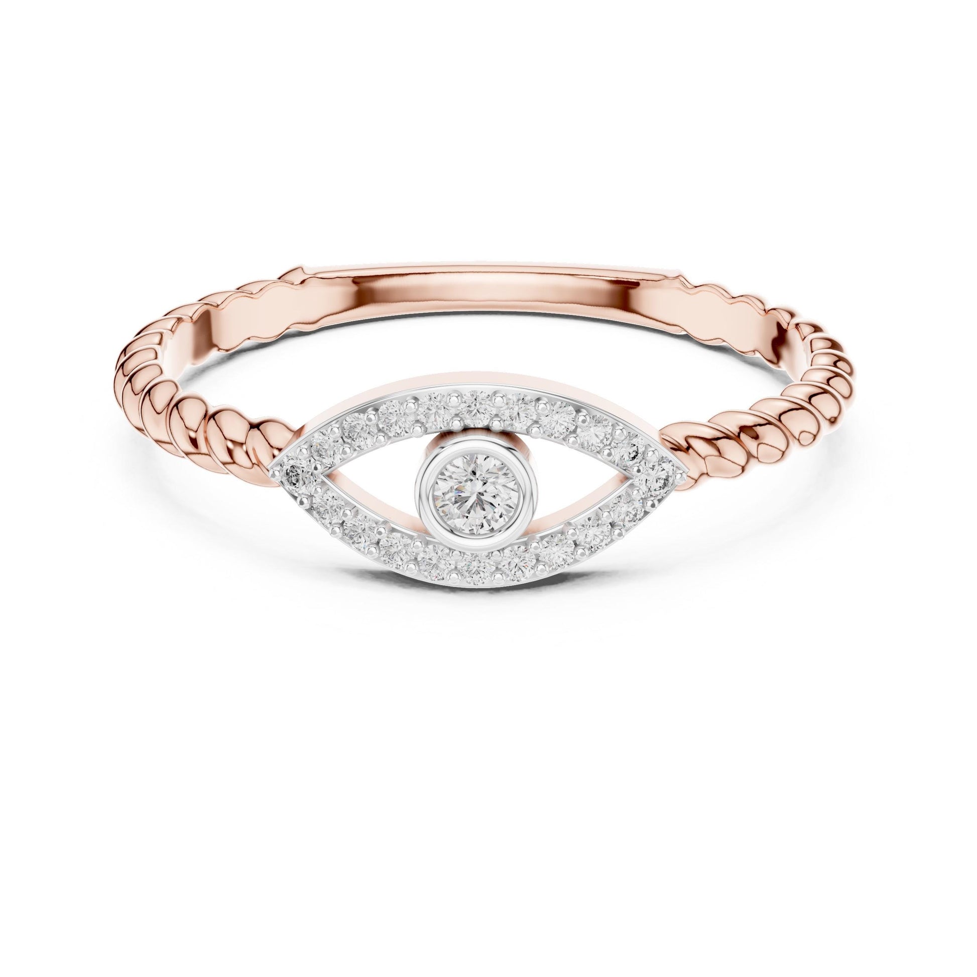 Rose gold evil eye moissanite ring with dainty diamond band, minimalist stacking jewelry by Riora, featuring eye-shaped design.