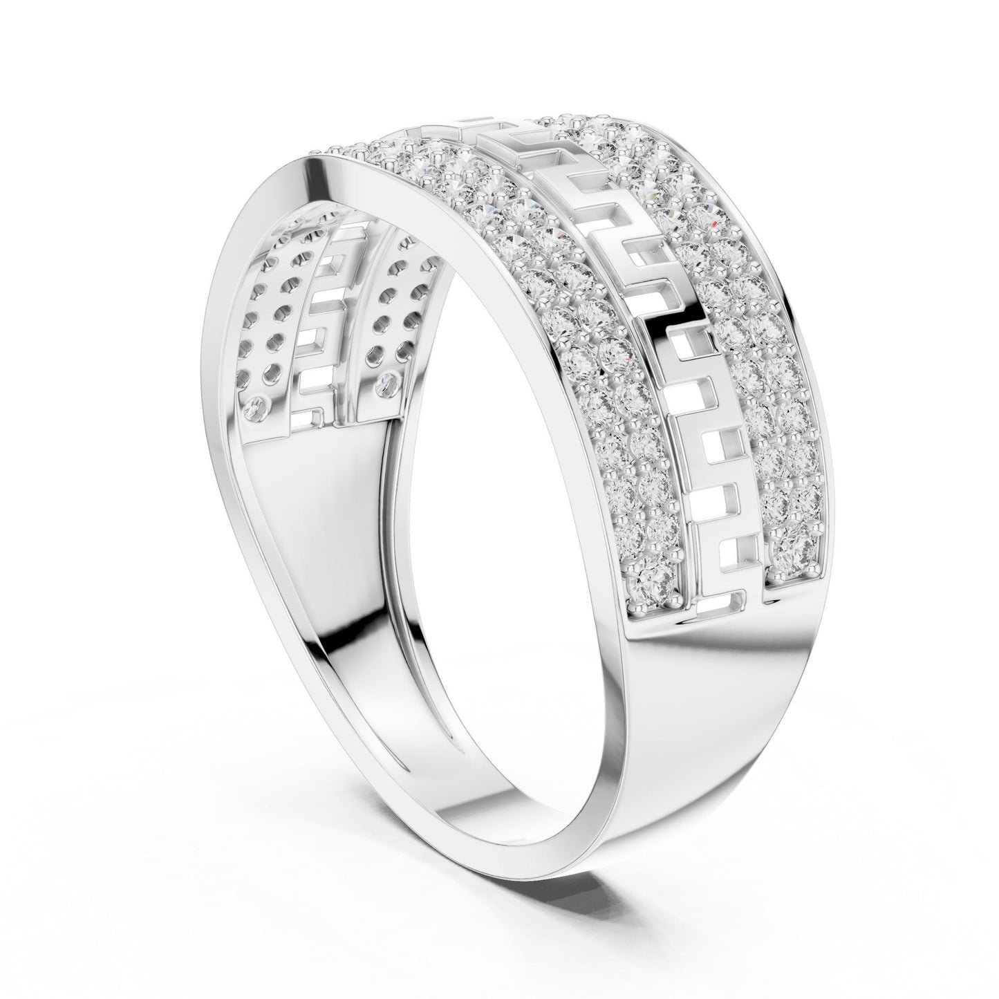 Riora wide CZ Greek band ring in gold and silver with statement design, perfect for women on special occasions.