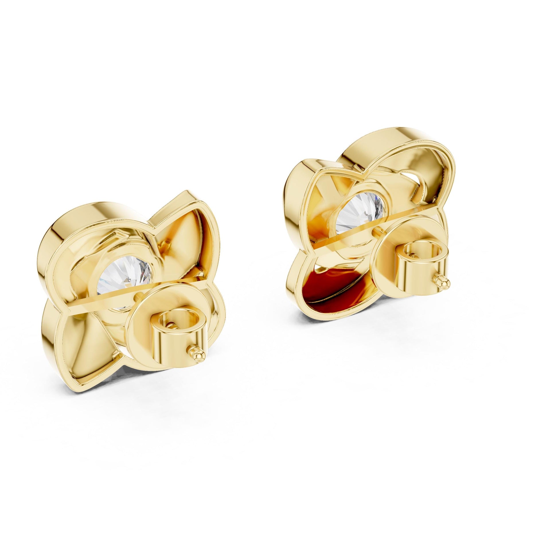 Riora floral moissanite diamond stud earrings in gold, rose, and silver with minimalist flower design for bridal jewelry.