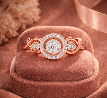 Riora Halo CZ engagement ring with floral cluster design, silver promise band, elegant statement jewelry for women
