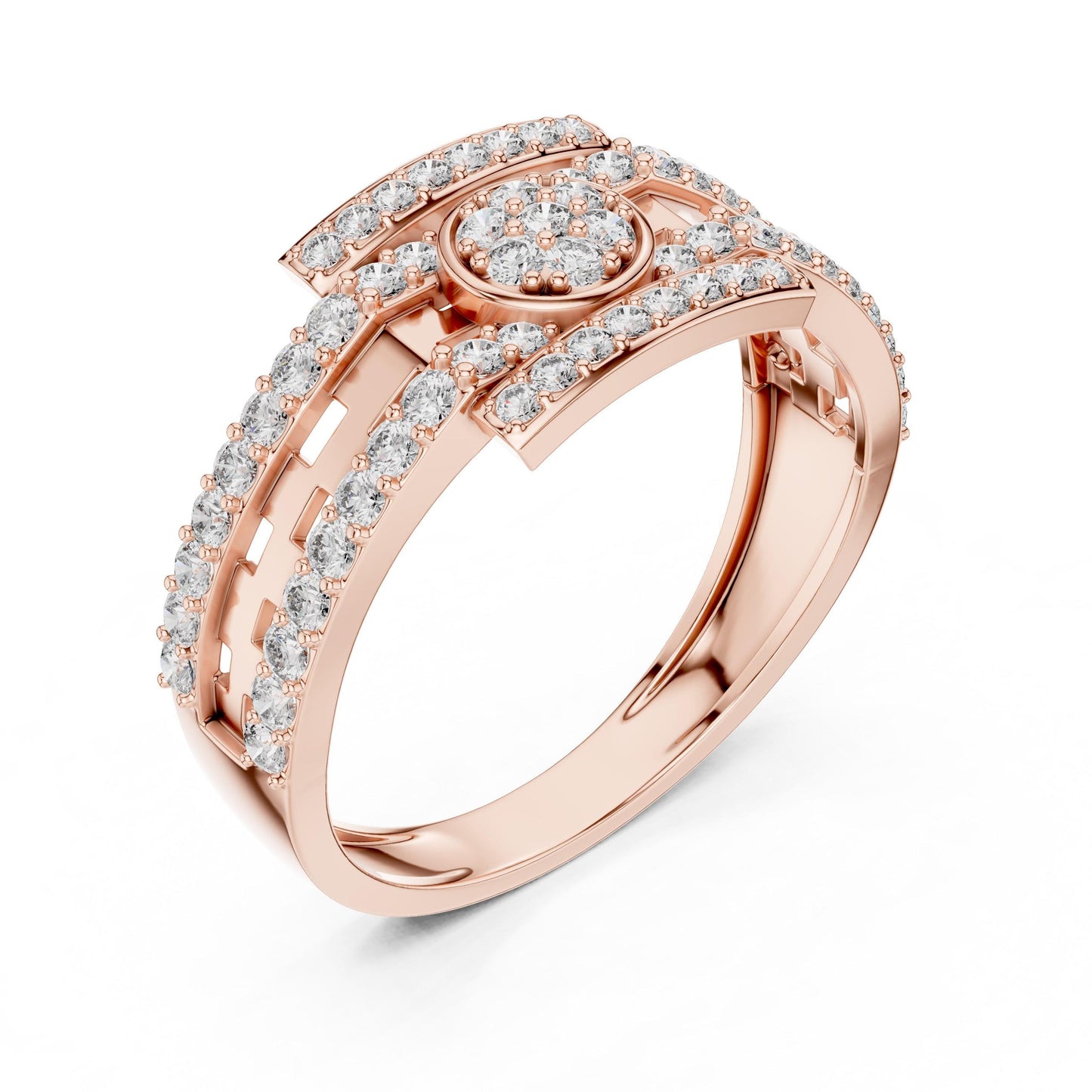 Riora luxurious CZ halo band ring in rose silver with sparkling stones, hypoallergenic statement wedding and anniversary jewelry