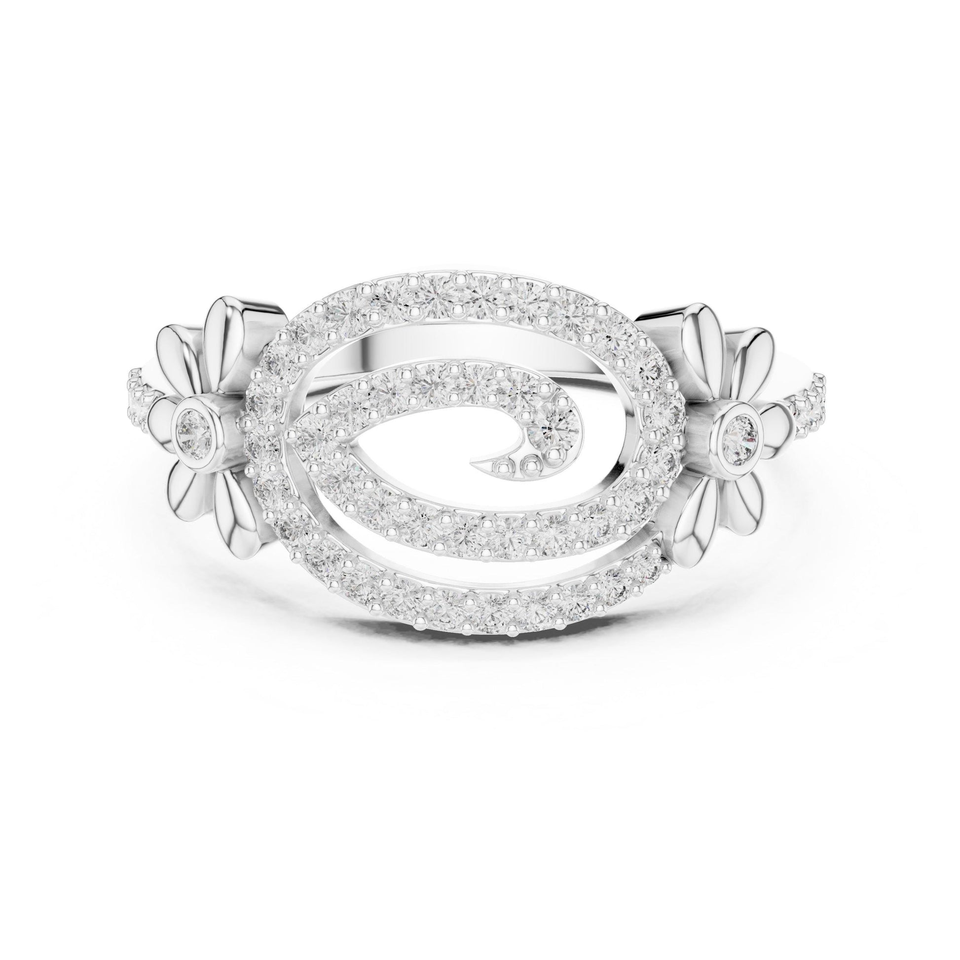 Rose gold floral swirl moissanite diamond engagement ring with vintage-inspired design, featuring intricate floral details and sparkling stones.