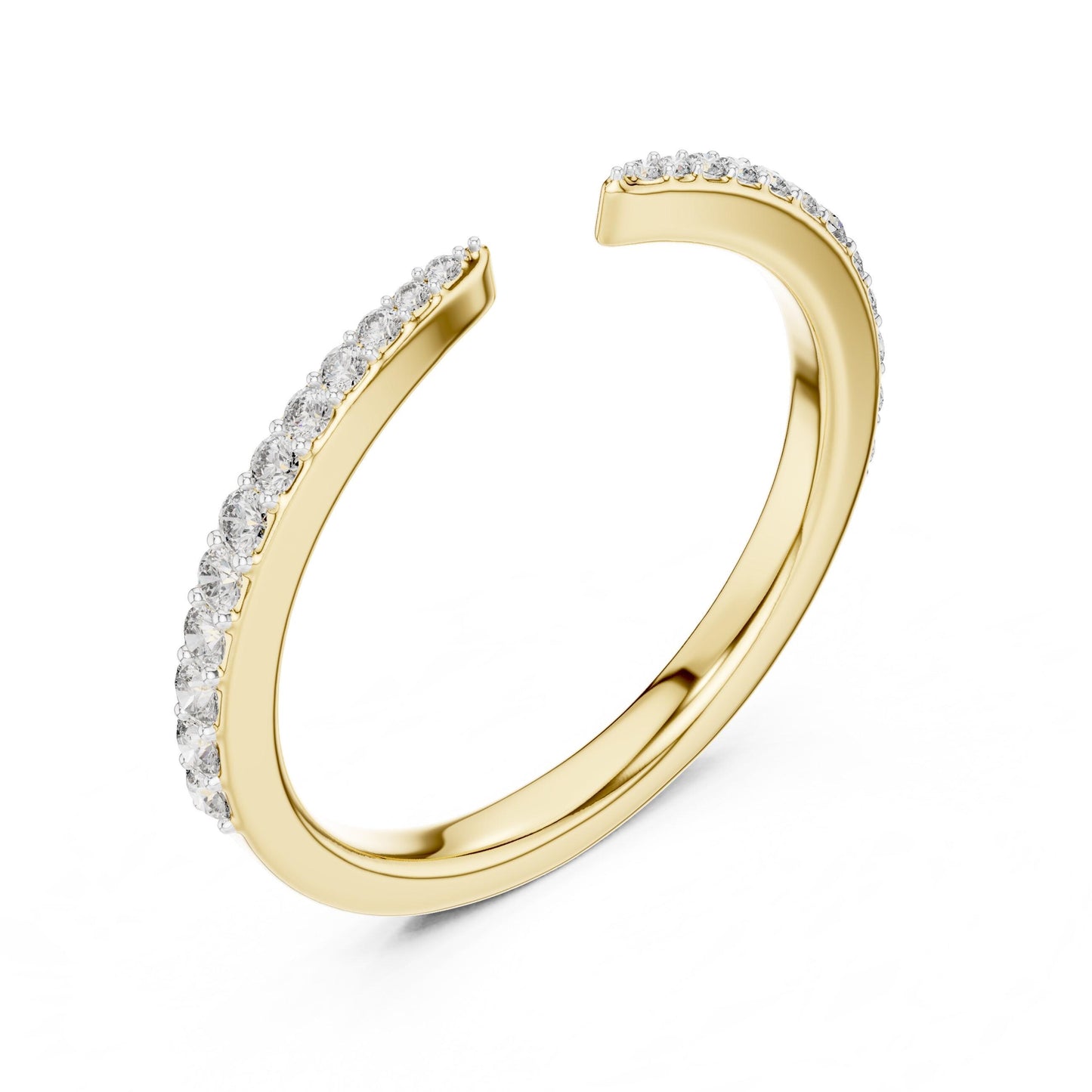 Riora open cuff moissanite ring in rose gold with diamond-style accents and minimalist half eternity design.