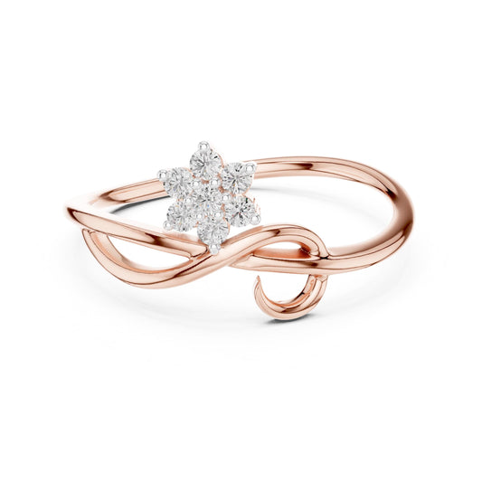Riora moissanite infinity flower ring with floral diamond cluster, delicate band in rose gold and silver, minimalist jewelry design