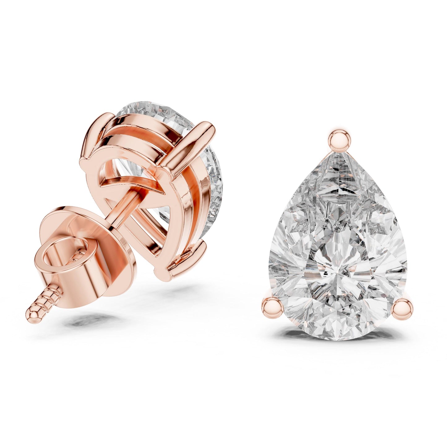 Pear cut moissanite diamond stud earrings in rose gold with minimalist teardrop design, perfect for bridal or wedding jewelry.