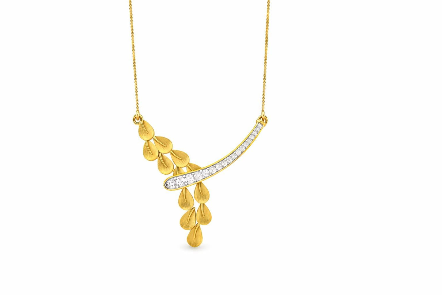 Riora Moissanite leaf drop necklace with dainty rose gold pendant, botanical jewelry for bridal or elegant occasions