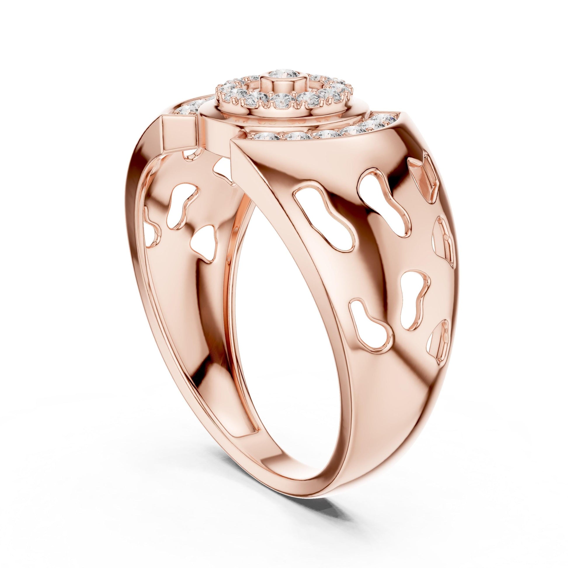 Riora luxury halo moissanite diamond gold rose engagement ring with intricate bridal design on a white background