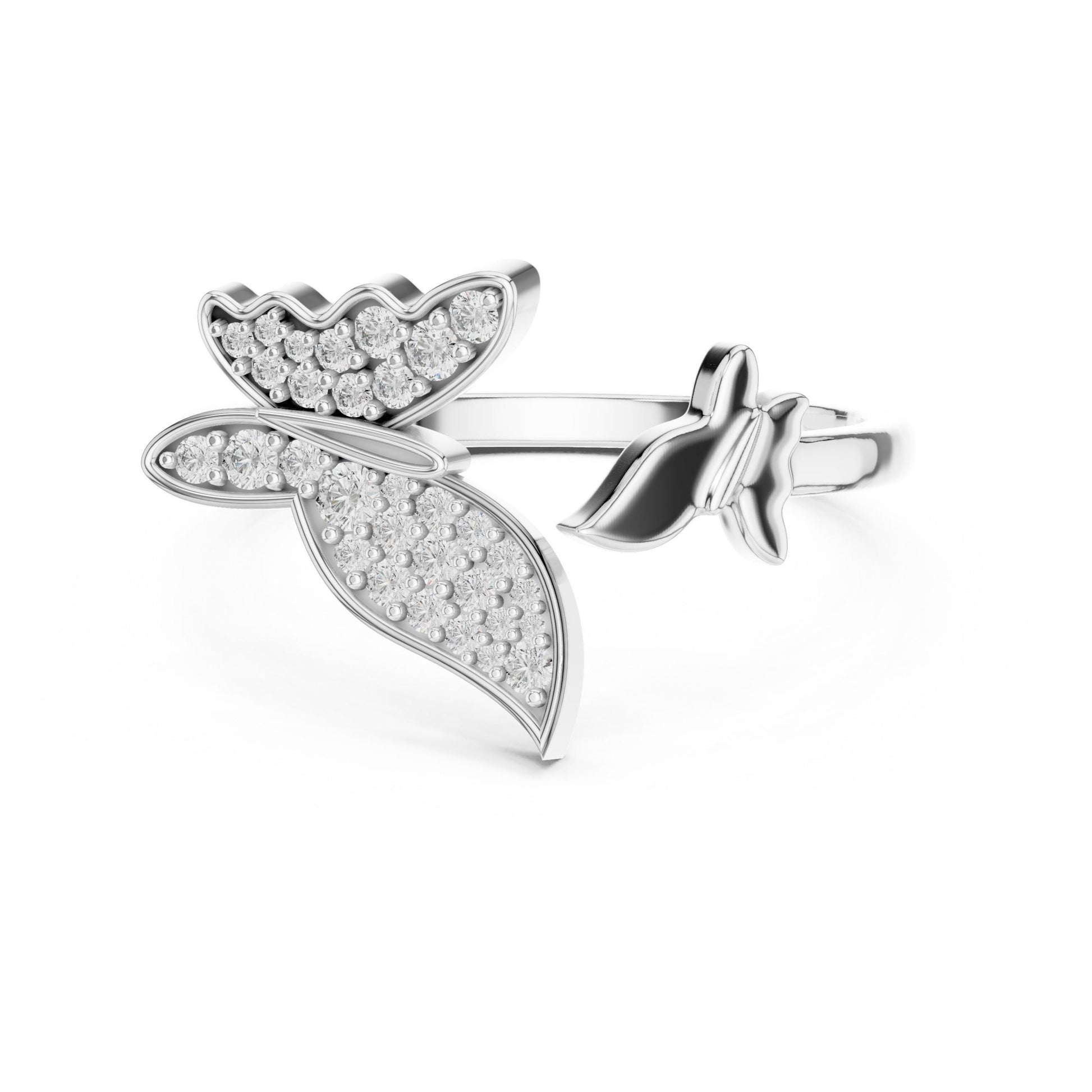 Riora Moissanite butterfly promise ring with gold, rose gold, and silver finishes featuring nature-inspired design and minimalist diamond look.