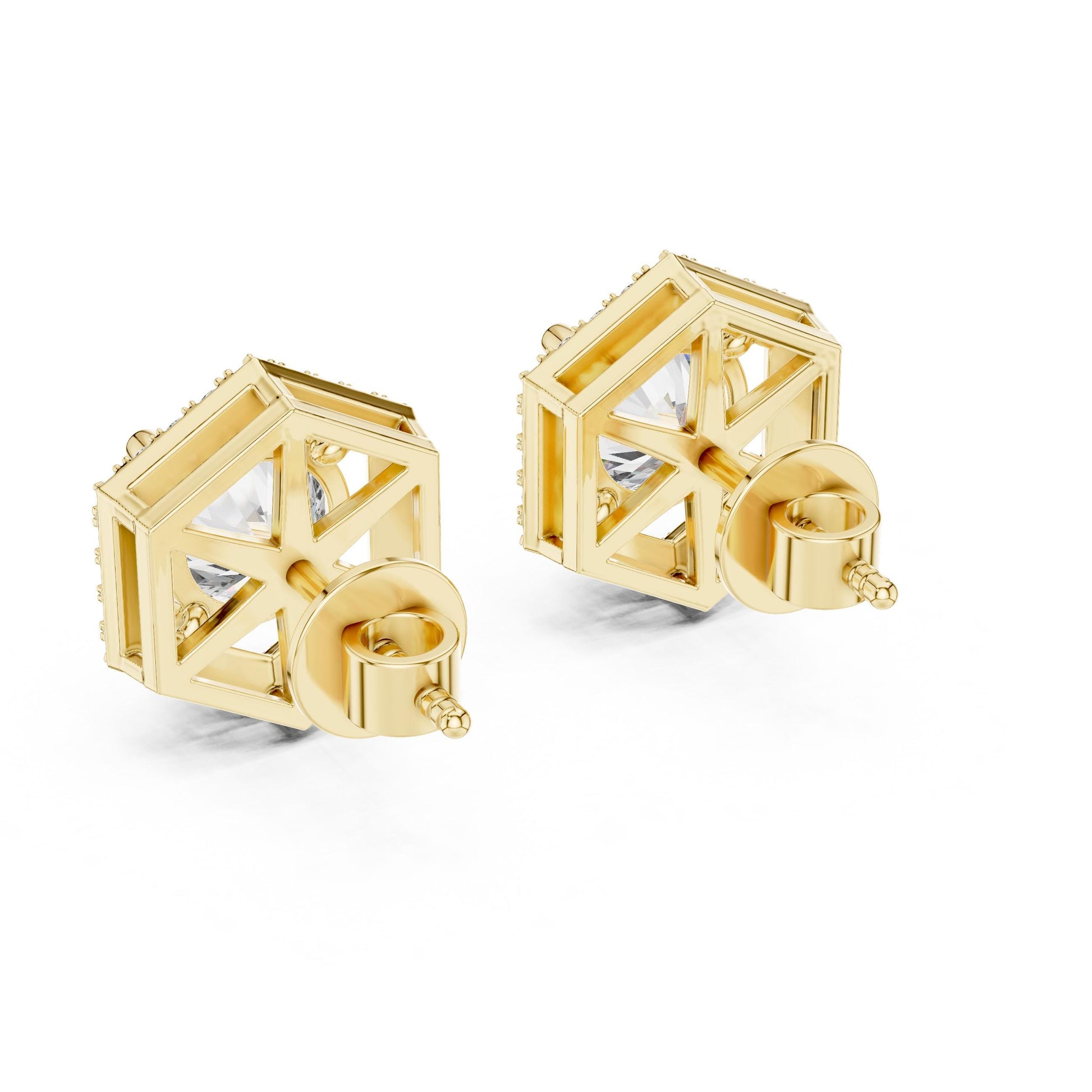 Riora Hexagon Moissanite Diamond Stud Earrings in rose gold and silver with minimalist geometric design and dainty elegance.