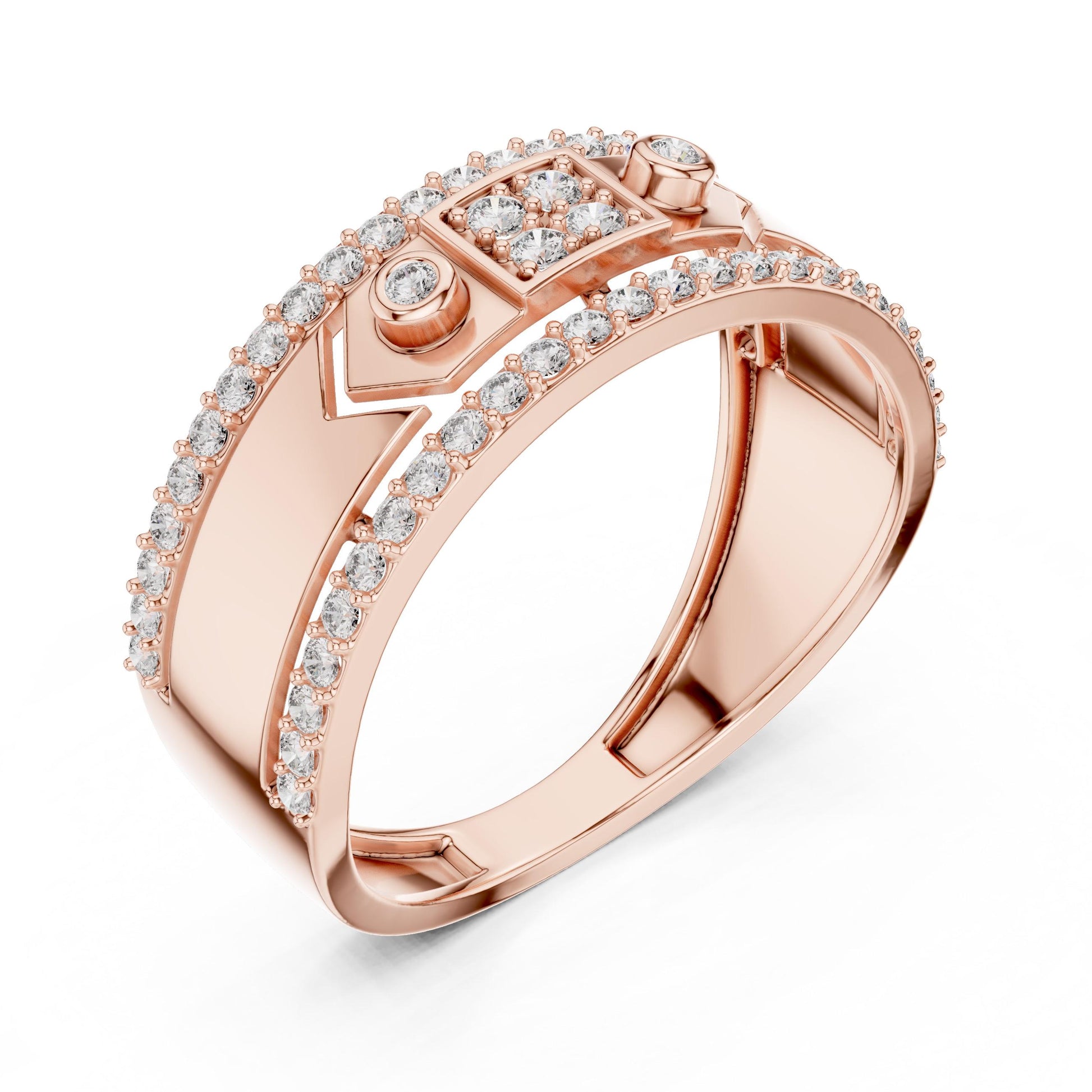 Riora luxury rose gold moissanite diamond statement ring for women, featuring a bold cocktail band for bridal or party wear.
