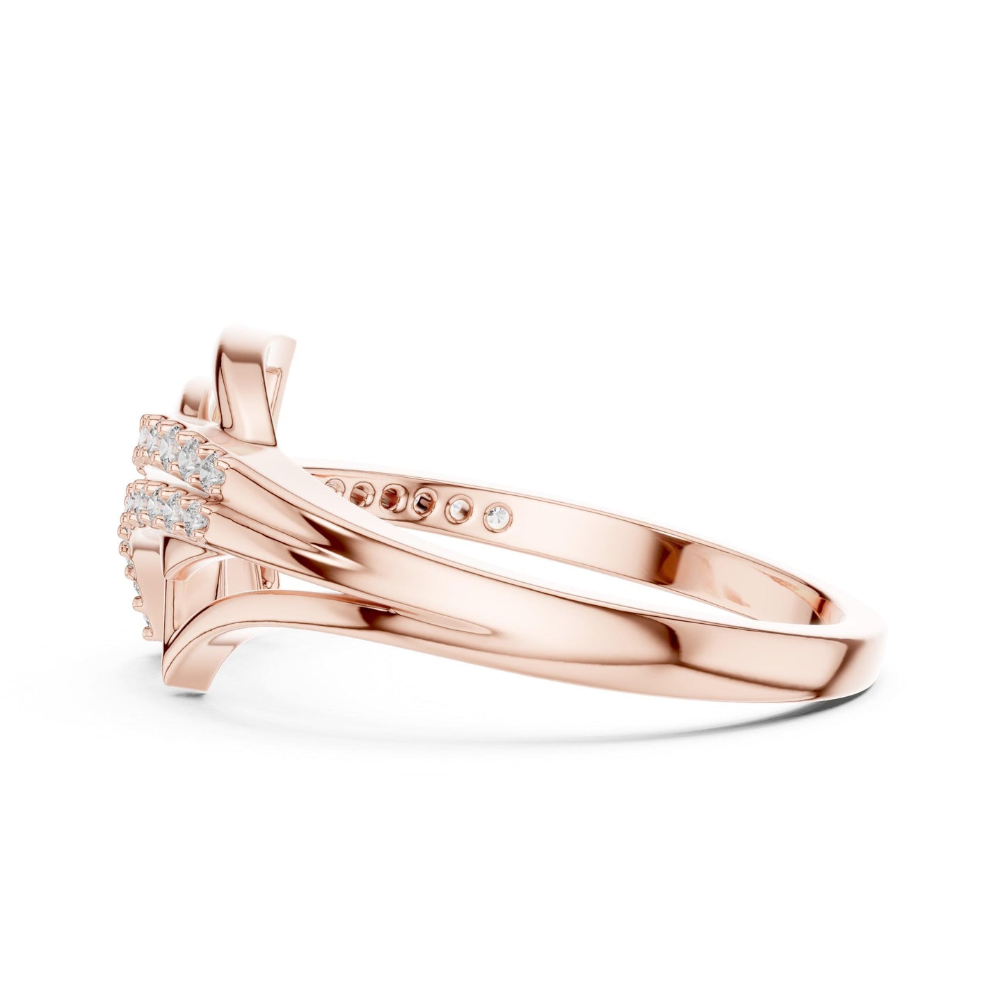 Rose gold moissanite wave ring by Riora, minimalist stacking wedding band with dainty design for women.