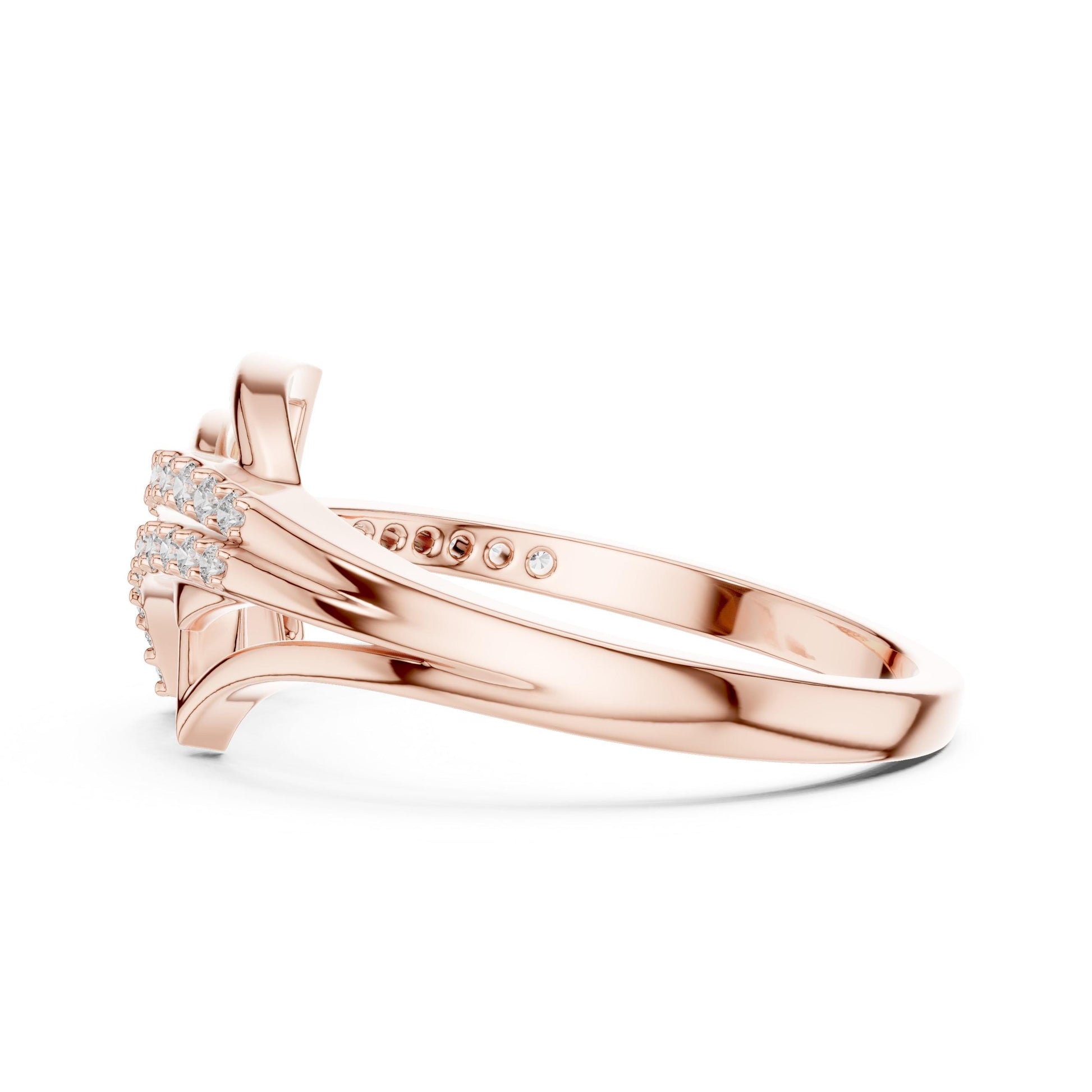 Rose gold moissanite wave ring by Riora, minimalist stacking wedding band with dainty design for women.