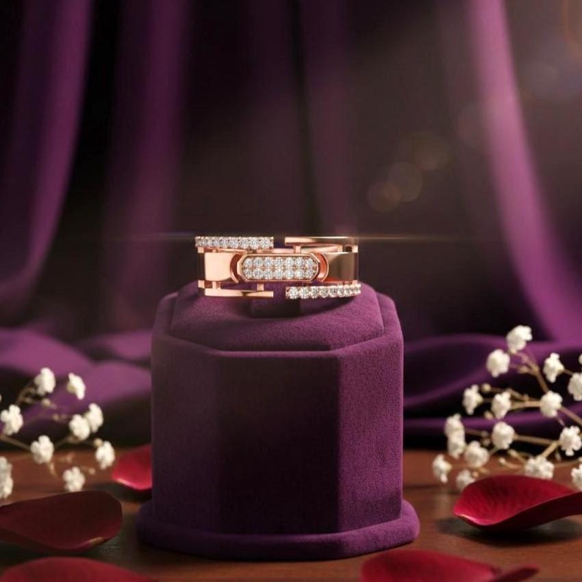 Riora luxury CZ link band ring in gold rose silver with sparkling stones, hypoallergenic statement jewelry for anniversary or Valentine.