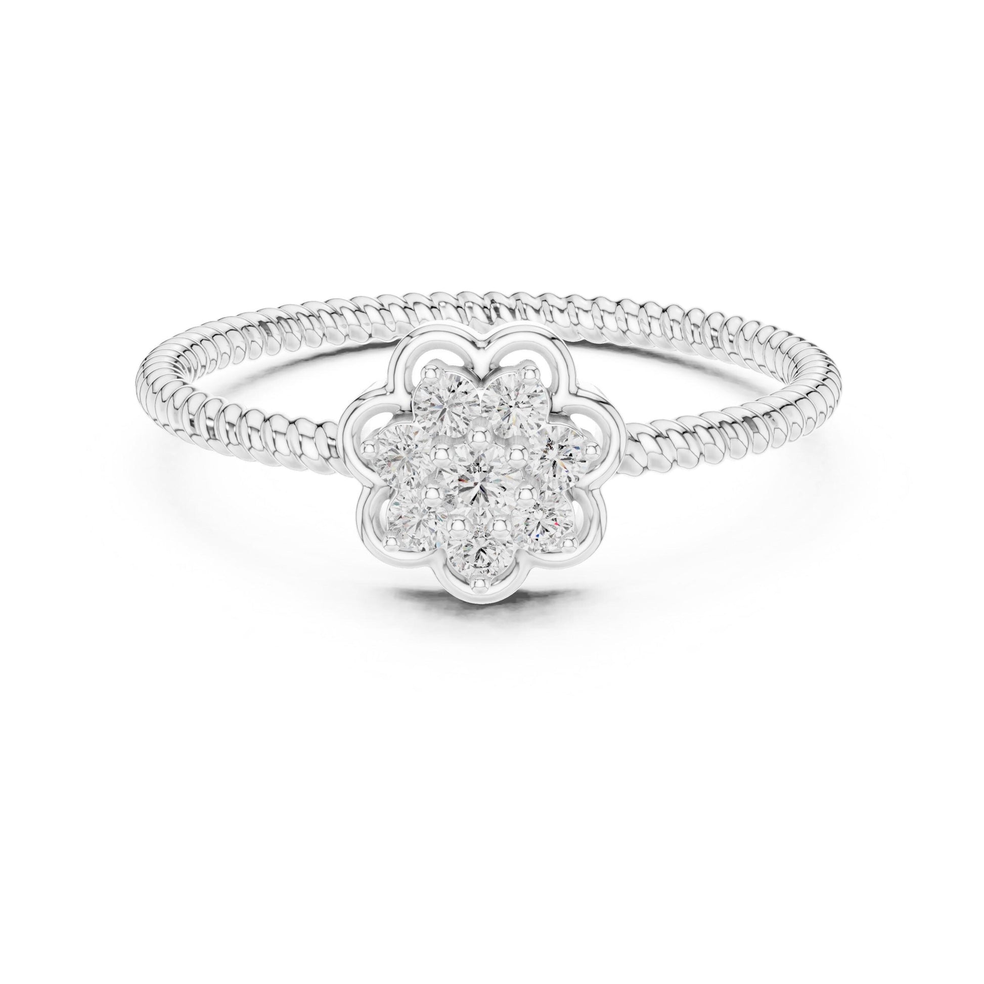 Rose gold floral moissanite diamond cluster ring with vintage-style flower design, ideal for engagement or promise gift by Riora.