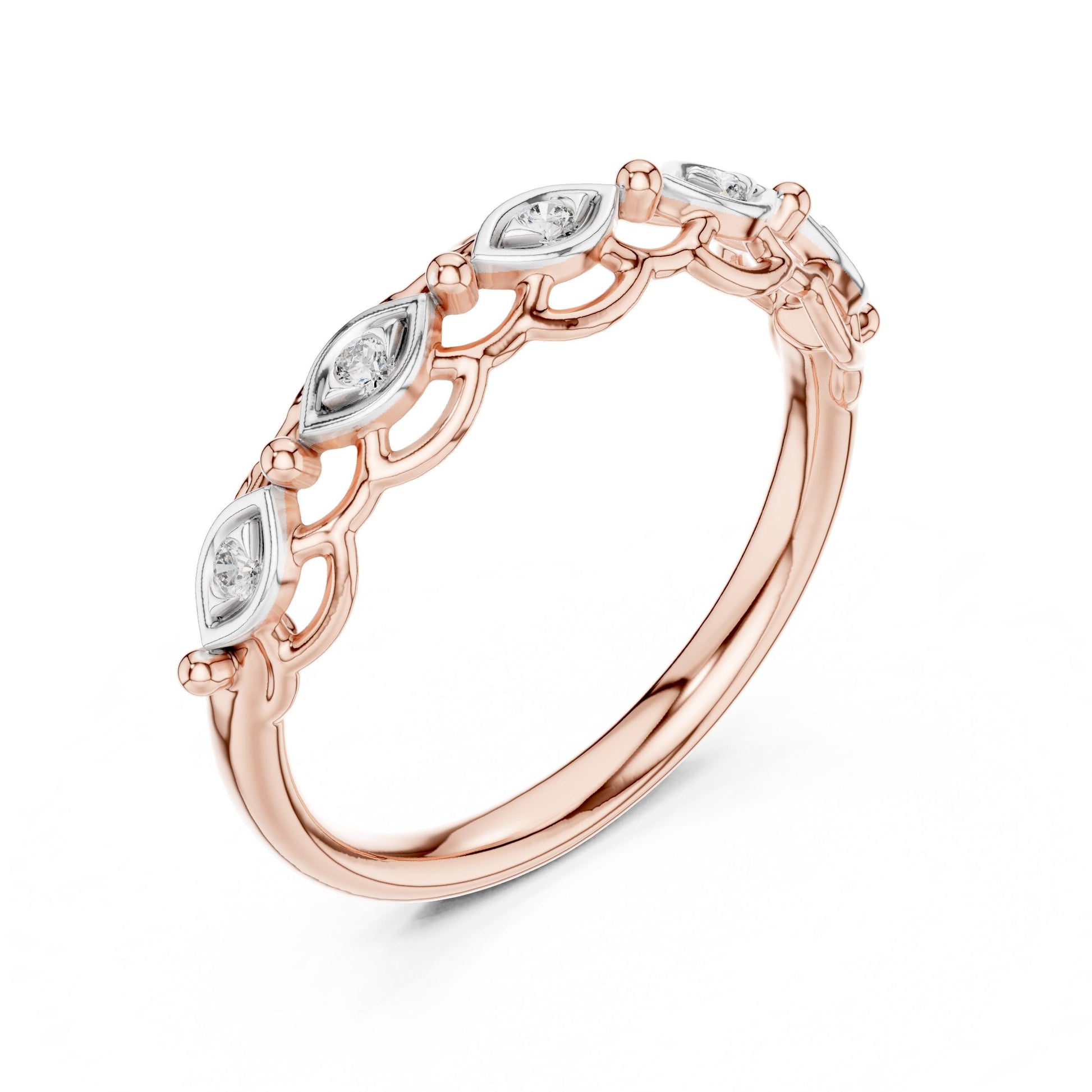 Vintage moissanite wedding band by Riora featuring marquise diamond style, art deco design, minimalist rose gold ring.