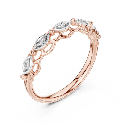 Vintage moissanite wedding band by Riora featuring marquise diamond style, art deco design, minimalist rose gold ring.