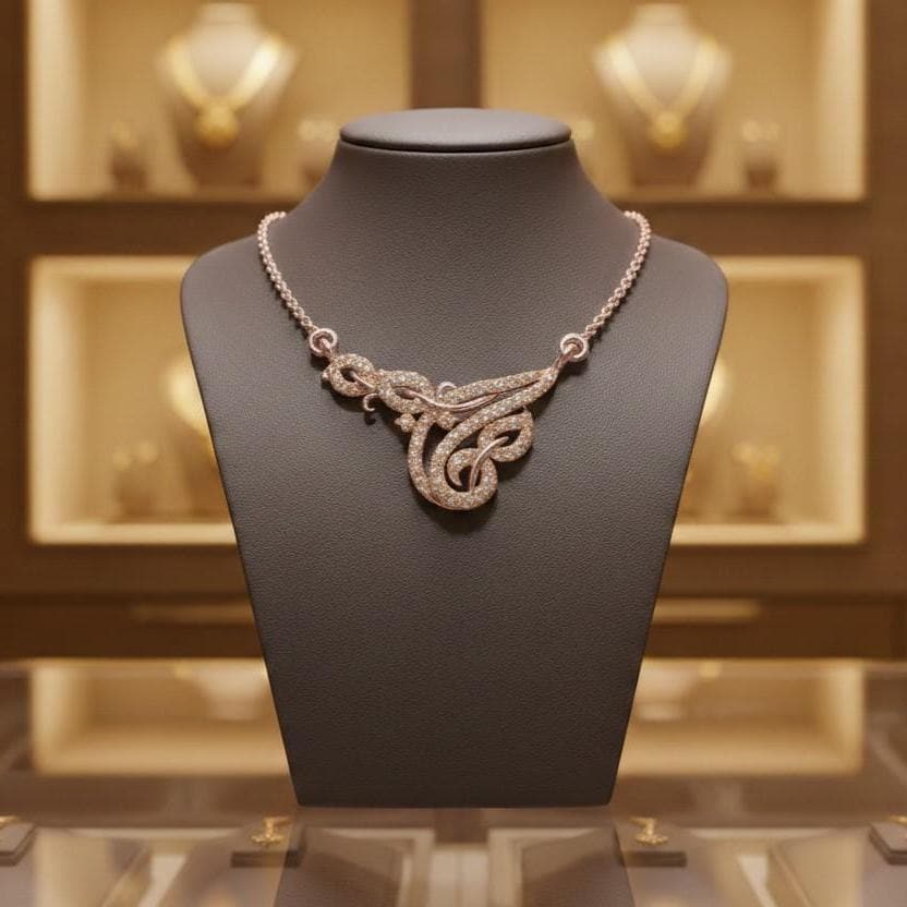 Riora moissanite swirl pendant necklace in gold, rose, and silver with elegant jewelry design for bridal or anniversary gift.