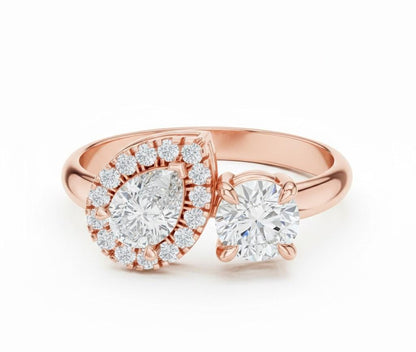 Two Stone CZ Ring | Pear & Round Halo | Gold, Rose Gold & Silver