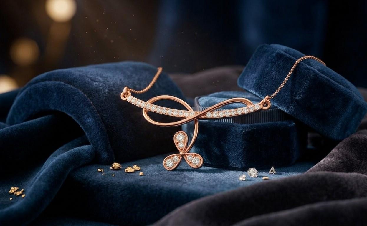 Riora gold rose gold butterfly necklace with infinity moissanite pendant, dainty minimal jewelry for women