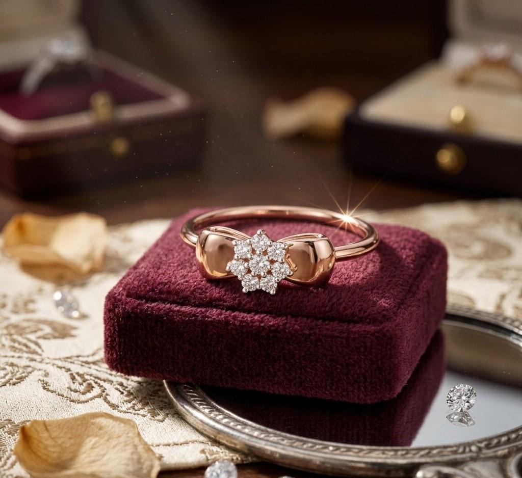 Riora moissanite bow ring with floral cluster design, dainty minimalist bridal band, perfect for promise or bridal jewelry.
