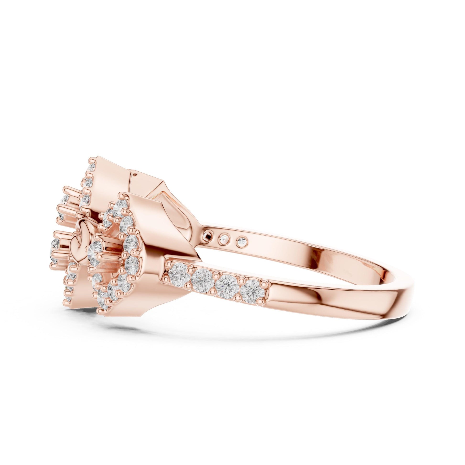 Rose gold vintage-inspired moissanite diamond halo engagement ring with art deco design and intricate detailing.