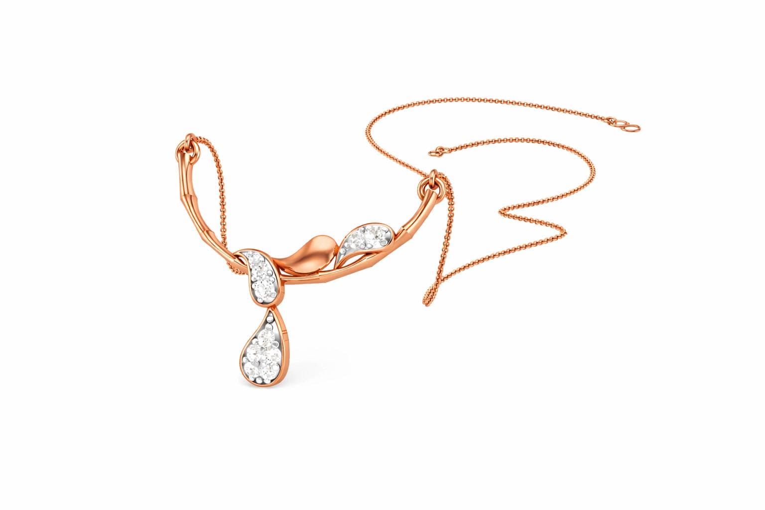 Riora moissanite drop pendant necklace in gold rose tone, elegant minimalist bridal jewelry with diamond-style sparkle and delicate chain