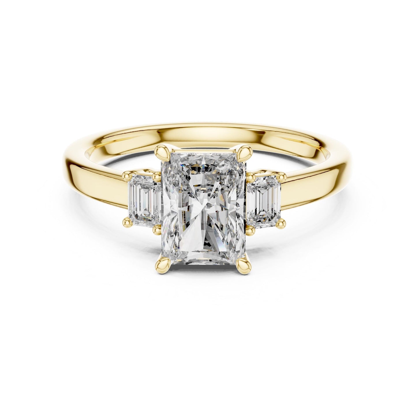 Riora radiant emerald cut cubic zirconia engagement ring in gold, rose, and silver with hypoallergenic bridal promise jewelry design