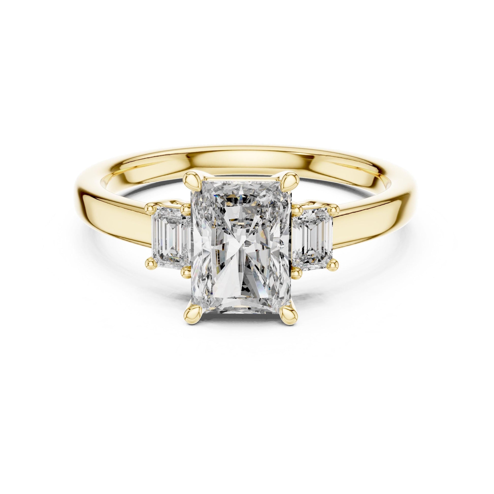 Riora radiant emerald cut cubic zirconia engagement ring in gold, rose, and silver with hypoallergenic bridal promise jewelry design